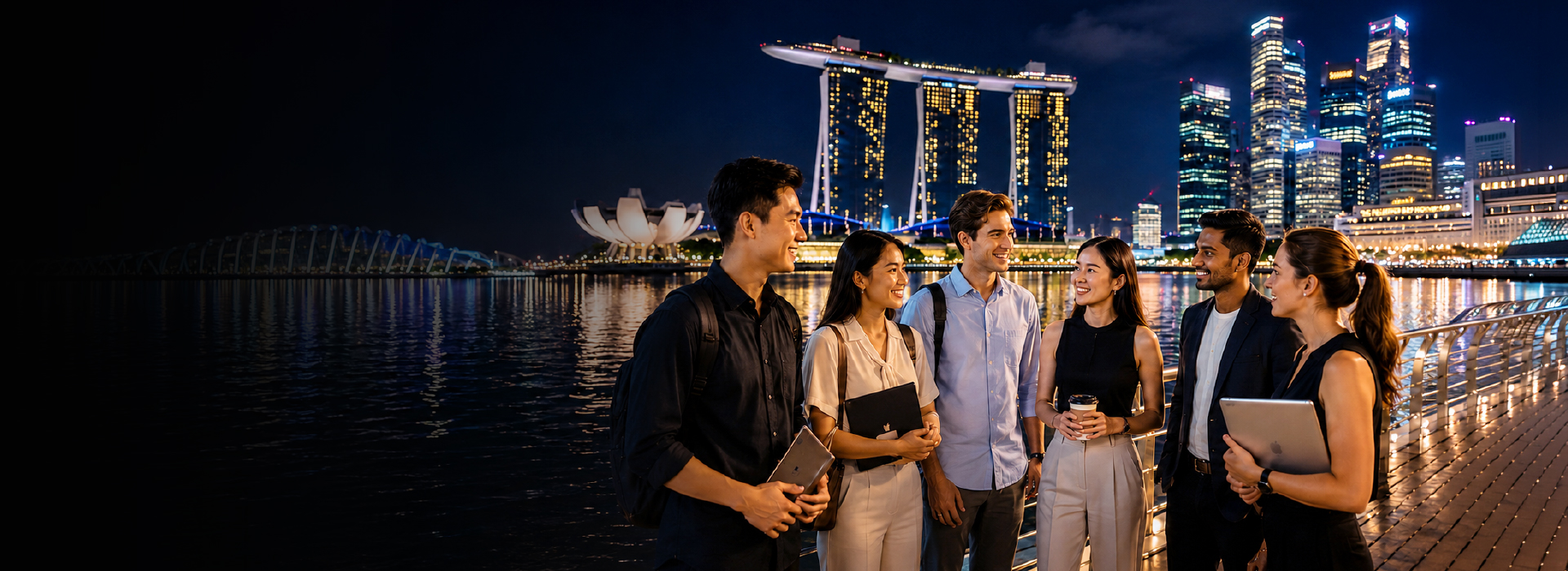 BAC Singapore students standing in front of a Singapore skyline at night